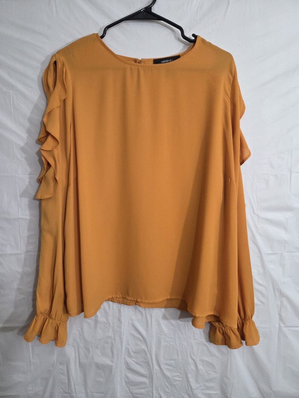 Forever 21 Cold Shoulder Top Womens 2X Yellow Ruffle Cinged Cuff Relaxed Boho